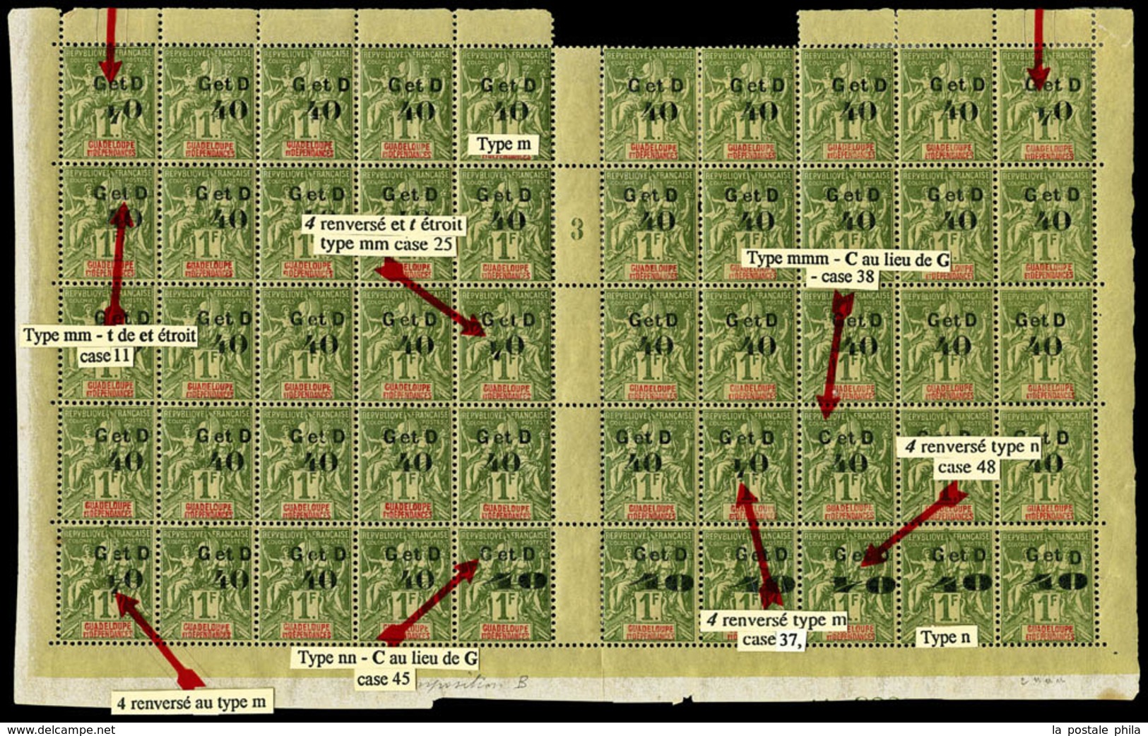 ** GUADELOUPE, N°48, 40c Sur 1F Olive En Panneau De 50 Exemplaires Composition 'B' (4 Ex*), Différents Types Et Variétés - Unused Stamps