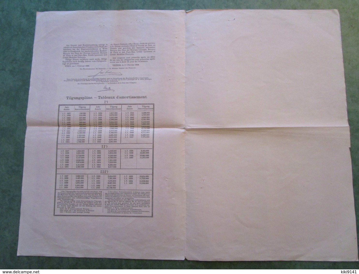 Obligation Au Porteur De La République D'Autriche De 1000 Francs N°2,274 - A - C