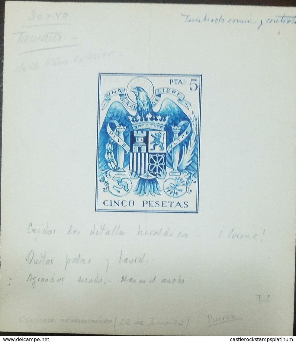 O) 1976 SPAIN, ARTWORK, SHIELD OF CATHOLIC KINGS OF SPAIN -ORIGINAL PENCIL DESIGN ON CARDBOARD FROM SUAREZ-UNIQUE PIECE, - Essais & Réimpressions