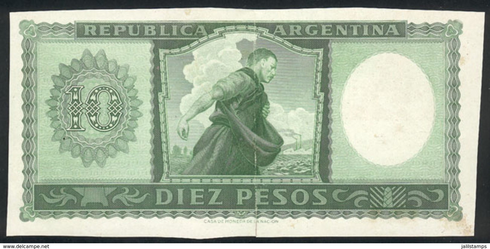 ARGENTINA: Die Proof Of Back Side Of A Banknote Of 10P. (circa 1950), Printed On Green Color On Thick Paper With Glazed  - Manuscritos