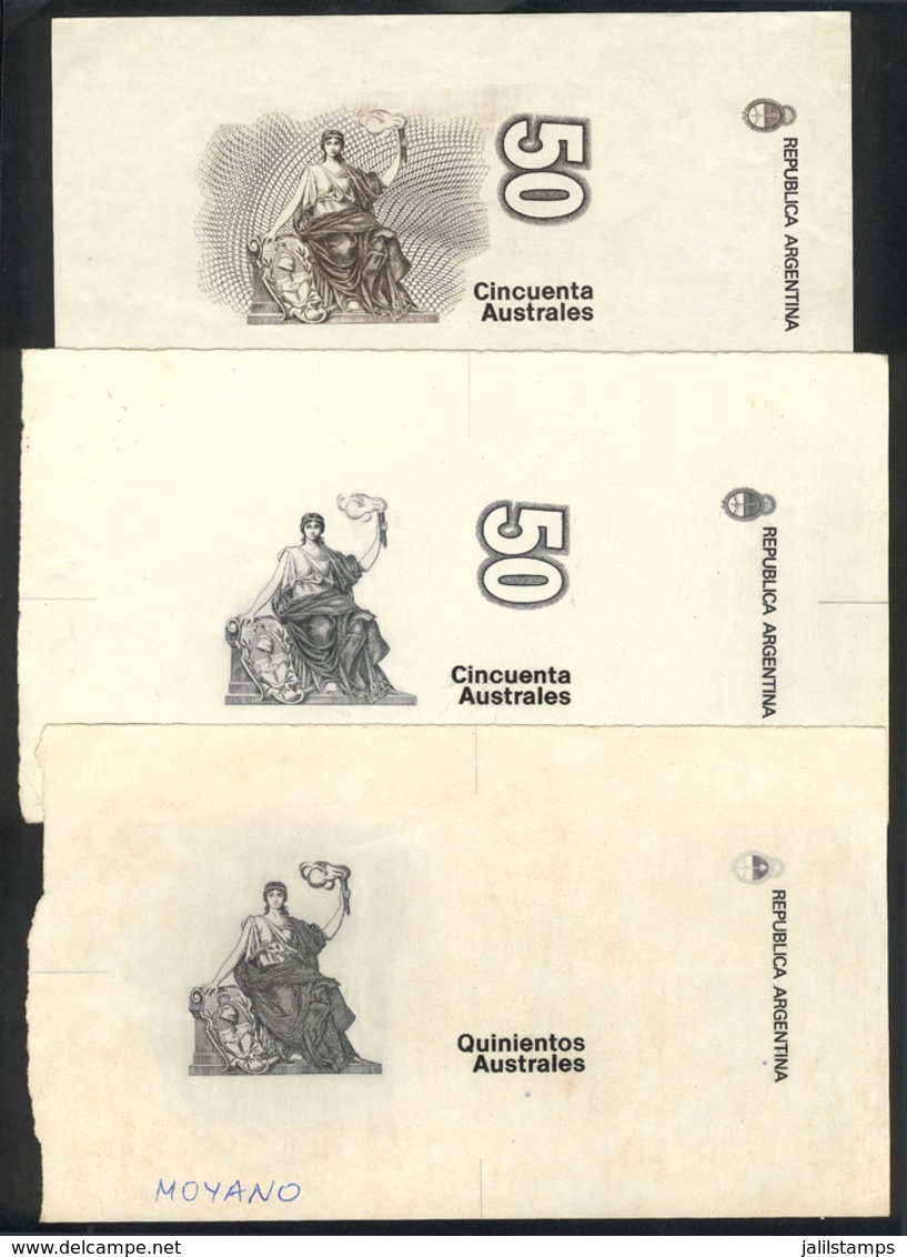 ARGENTINA: Circa 1985, 3 Proofs Of Partial Engravings For The New Banknotes Of 50 Australes (2 Different) And 500 Austra - Argentina