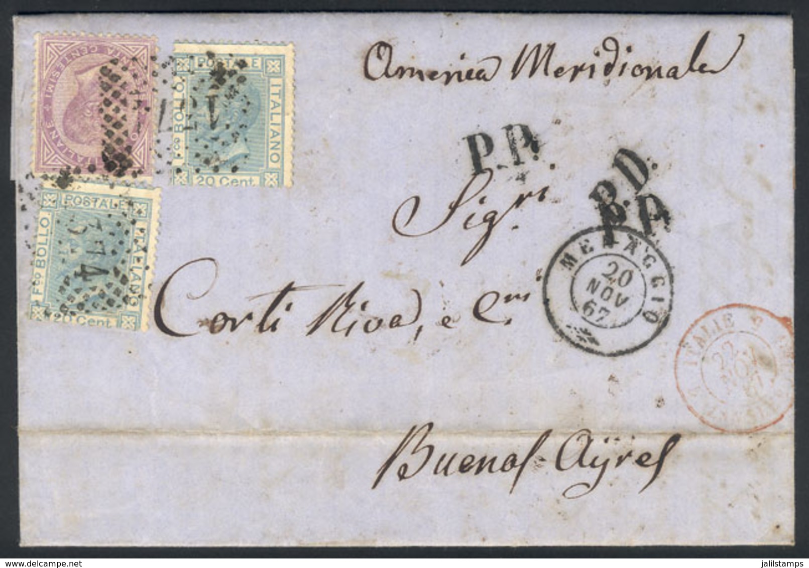 ITALY: 20/NO/1867 MENAGGIO - Argentina: Entire Letter Franked By Sc.32 + 35 X2 (Sa.21 + 26 X2), To Buenos Aires, Excelle - Other & Unclassified