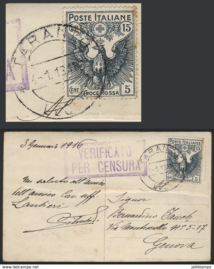 ITALY: PC Sent From Taranto To Genova On 4/JA/1916, Franked By Sc.B2 ALONE (15c. + 5c. Red Cross), Interesting, Catalog  - Other & Unclassified