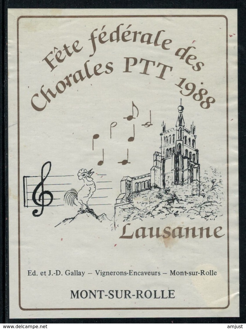Rare // Etiquette De Vin // Musique // Mon-sur-Rolle, Fête Fédérale Des Chorales PTT 1988 - Muziek & Instrumenten