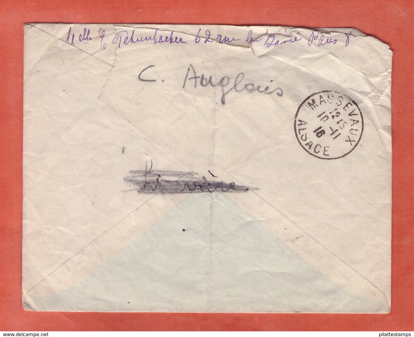 FRANCE VIGNETTE CROIX ROUGE SUR LETTRE DE 1916 DE PARIS POUR MASSEVAUX - Red Cross