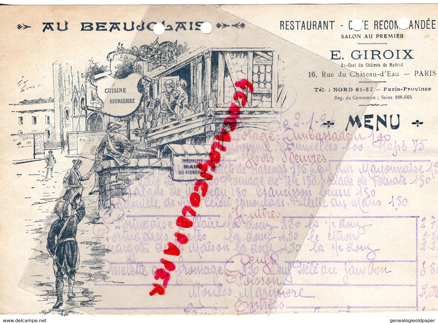 75- PARIS- RARE MENU AU BEAUJOLAIS- RESTAURANT -E. GIROIX EX CHEF DU CHATEAU DE MADRID-16 RUE CHATEAU D' EAU-1924 - Menú