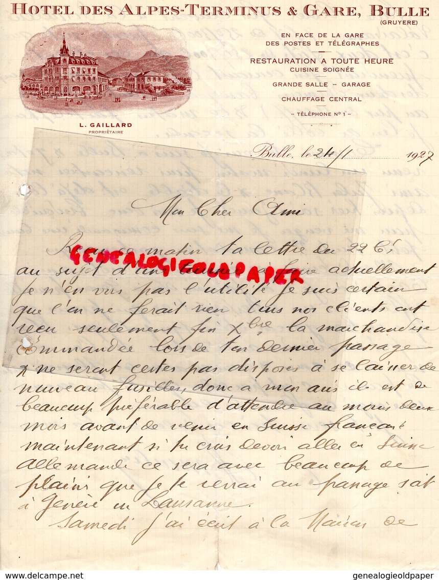 SUISSE- FRIBOURG-BULLE-RARE LETTRE MANUSCRITE HOTEL DES ALPES TERMINUS & GARE-L. GAILLARD PROPRIETAIRE 1927 - Suisse