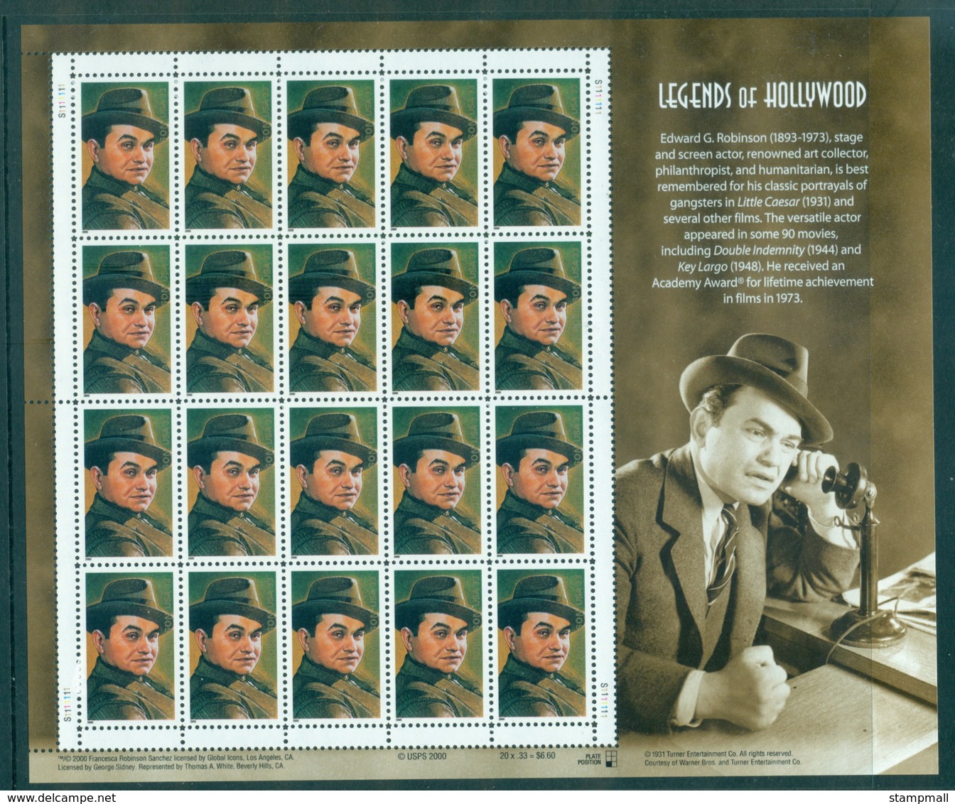 USA 2000 Sc#3446 Edward G. Robinson Pane 20 MUH Lot33730 - Autres & Non Classés