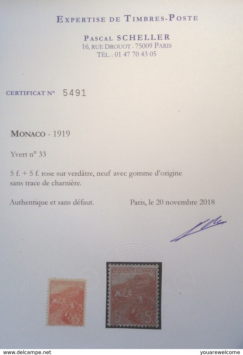 CERTIFICAT SCHELLER: Yv 33 ** SUPERBE, Monaco 1919 5f+5f Orphelins De La Guerre, Neuf Sans Charniére (WW1 1914-18 War - Ungebraucht