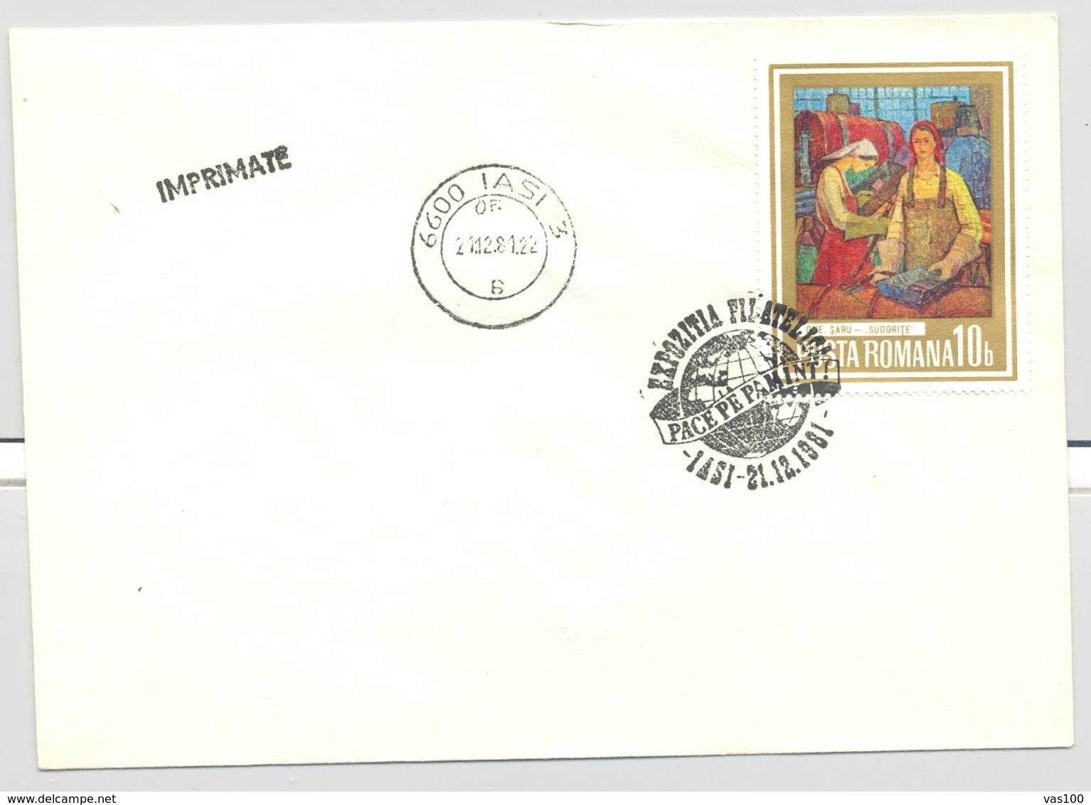 PEACE ON EARTH PHILATELIC EXHIBITION SPECIAL POSTMARK, PAINTING STAMP ON COVER, 1981, ROMANIA - Lettres & Documents