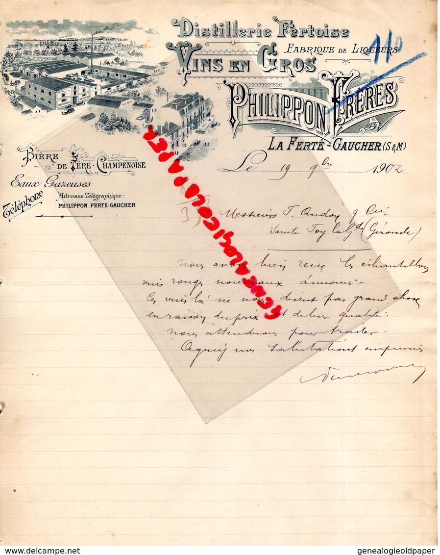 77-FERTE GAUCHER-RARE LETTRE MANUSCRITE PHILIPPON FRERES-DISTILLERIE FERTOISE-FABRIQUE LIQUEURS-BIERE FERE CHAMPENOISE - Petits Métiers