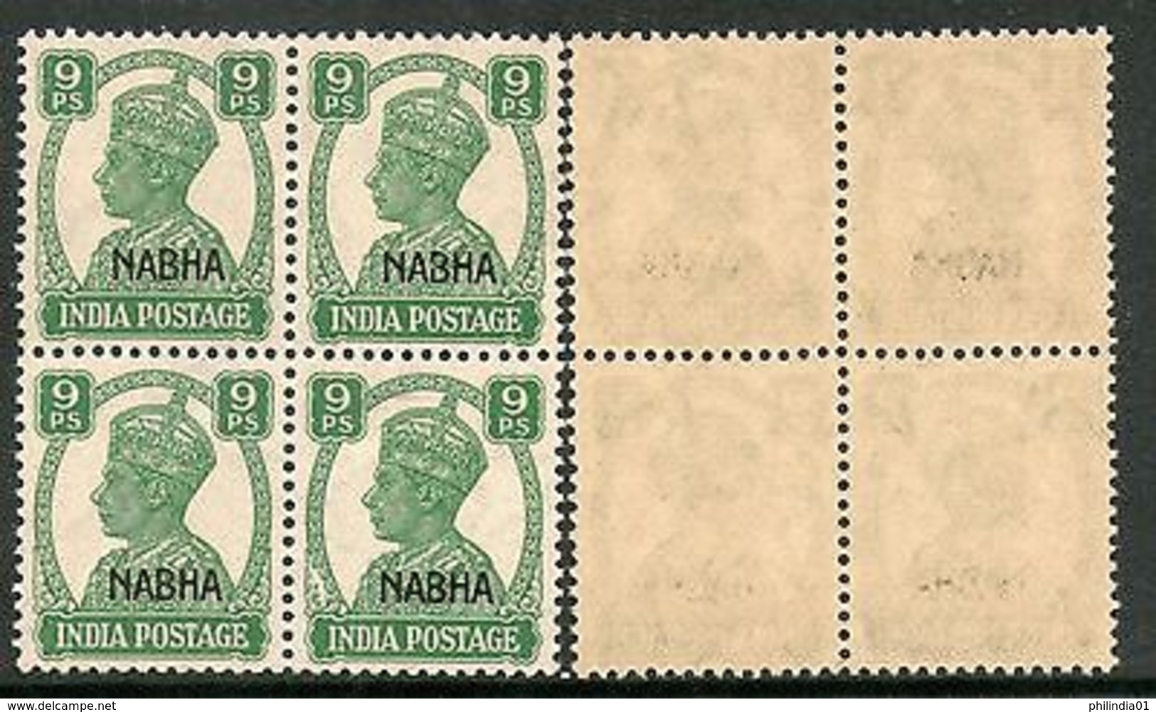 India Nabha State 9ps KG VI Postage Stamp SG 107 / Sc 102 Blk/4 Cat �12 MNH - Nabha