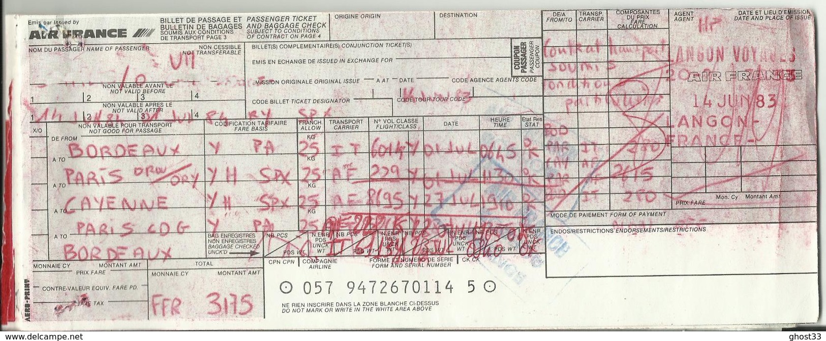 AIR FRANCE - Billet/Ticket Passager - 1983 - BORDEAUX/PARIS ORLY/CAYENNE/PARIS CDG/BORDEAUX - Tickets