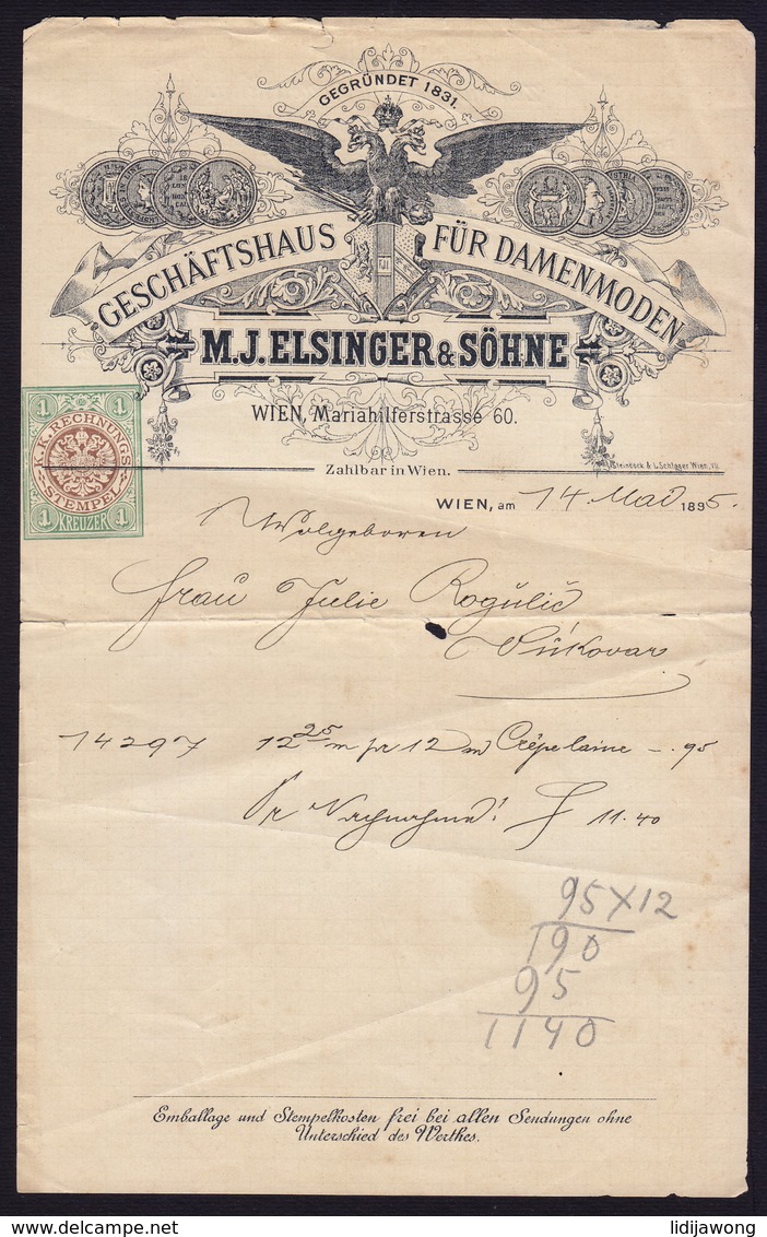 AUSTRIA WIEN - M. J. ELSINGER - INVOICE RECHNUNG FAKTURA 1895 (see Sales Conditions) - Österreich