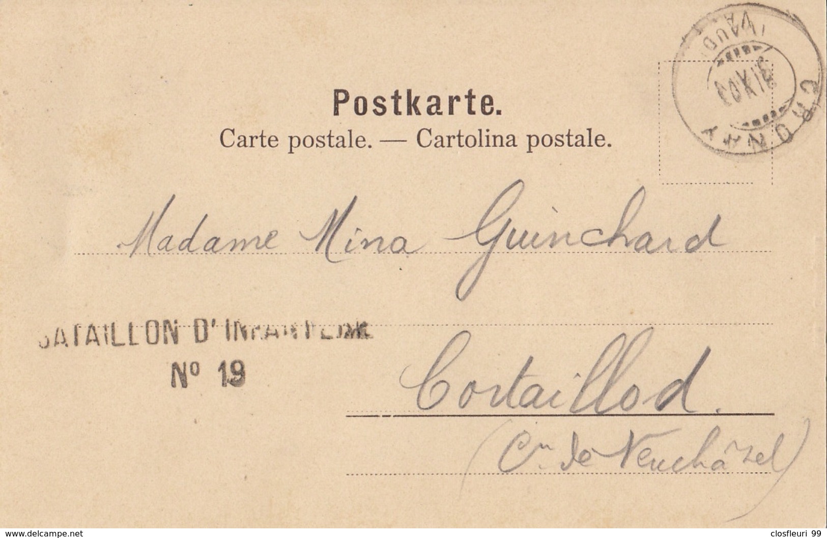 Cronay.  Carte Précurseur 1903, Bat. D'infant. N° 19 - Cronay
