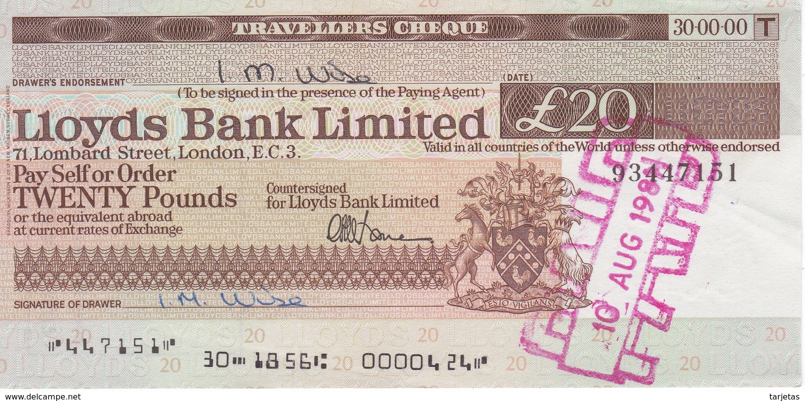 TRAVELLERS CHEQUE LLOYDS BANK 20 POUNDS AÑO 1981 - Andere & Zonder Classificatie