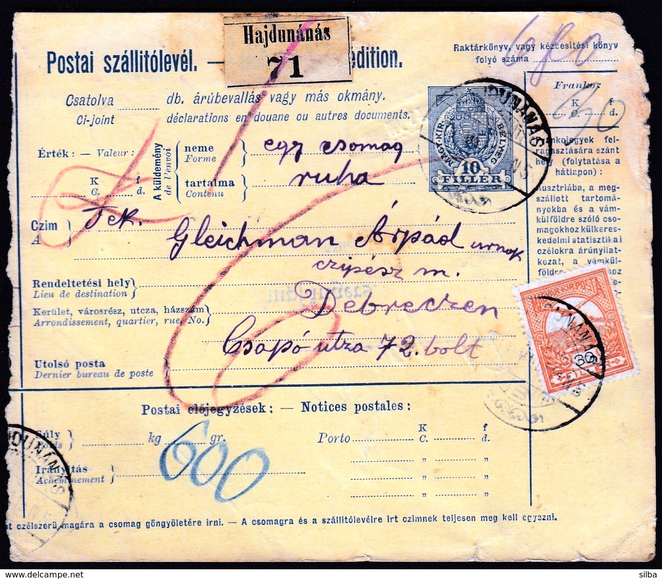 Hungary Hajdunanas 1914 / Parcel Post, Postai Szallitolevel, Bulletin D' Expedition / Debreczen - Postpaketten