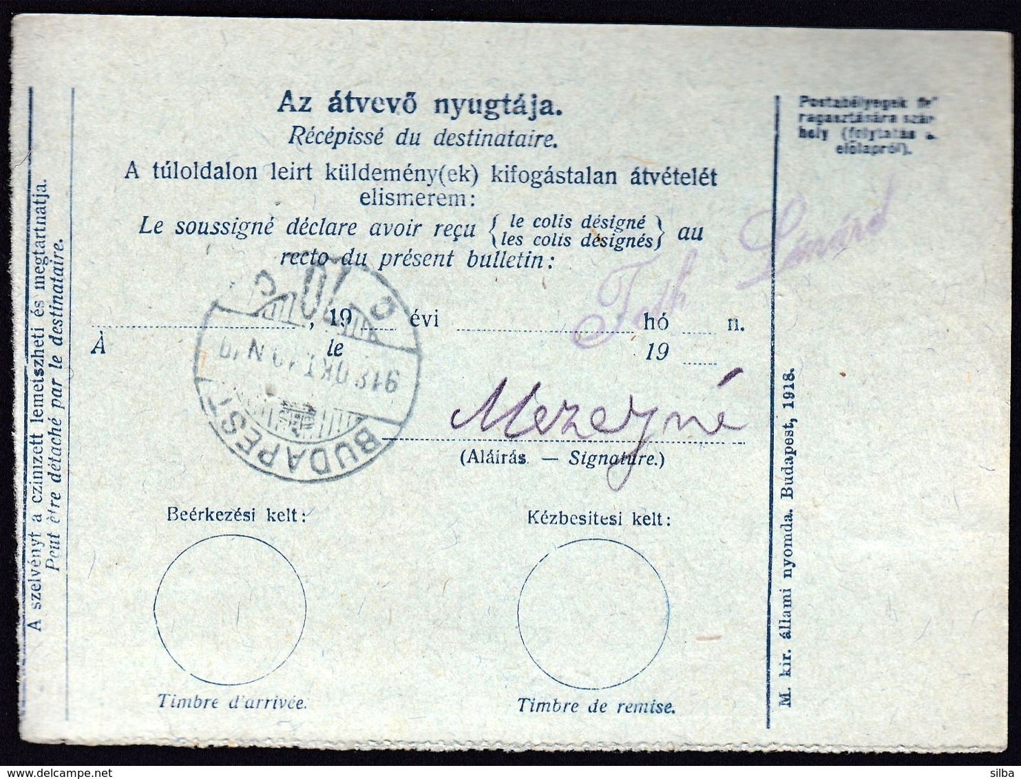 Hungary Arad 1918 / Parcel Post, Postai Szallitolevel, Bulletin D' Expedition / To Budapest - Colis Postaux