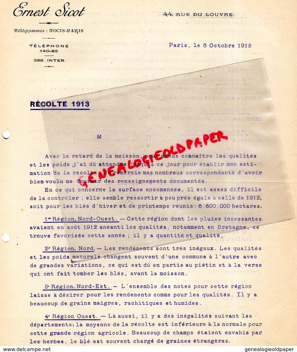 75- PARIS- RARE LETTRE ERNEST SICOT -44 RUE DU LOUVRE- RECOLTE MOISSON 1913 - GRAINS GRAINES BLES- BLE - Agriculture