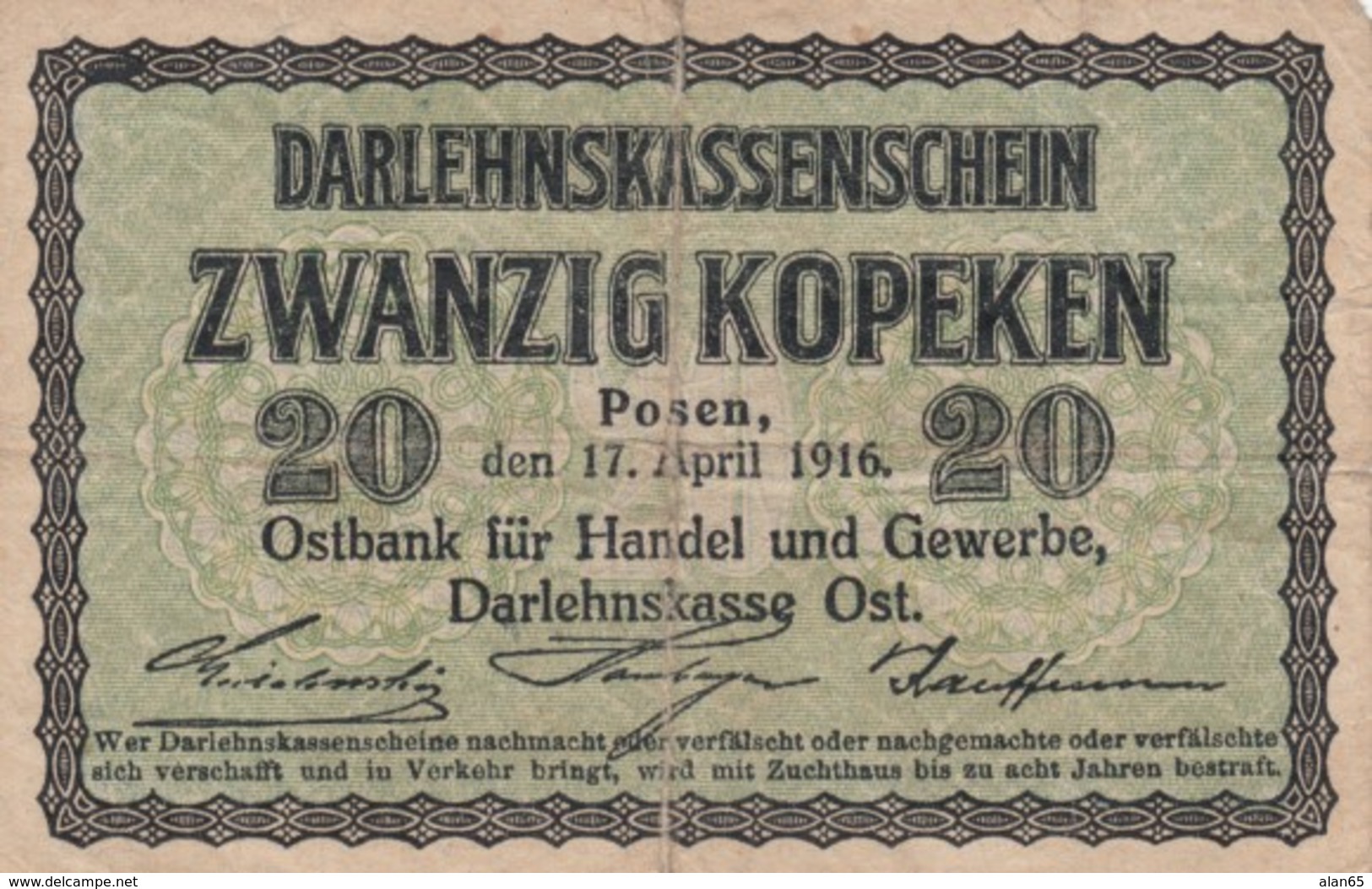 Germany #R120 20 Kopeks1916 Darlehnskassenschein Banknote Currency - 1. WK