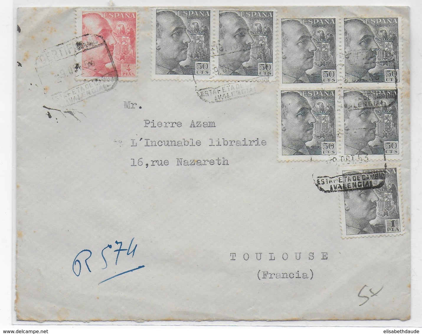 ESPAGNE - 1953 - ENVELOPPE RECOMMANDEE De VALENCIA Avec VIGNETTE (MOULINS) AU DOS => TOULOUSE - Storia Postale