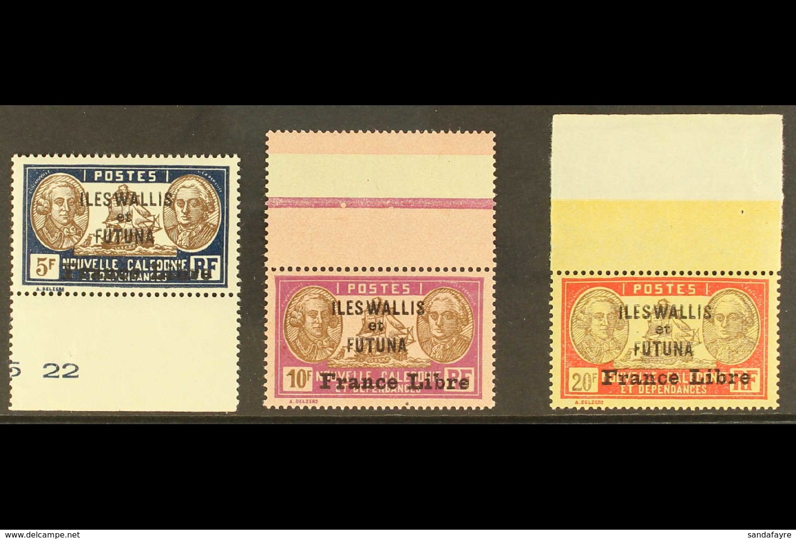 WALLIS ET FUTUNA 1941 "France Libre" Overprinted High Values, 5f To 20f, Yv 122/24, Never Hinged Mint. (3 Stamps) For Mo - Sonstige & Ohne Zuordnung