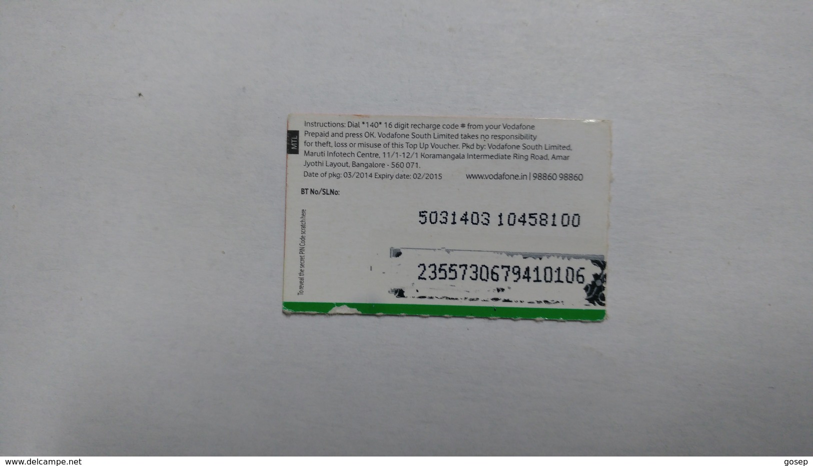 India-top Up Voucher Card-(37k)-(rs.10)-(bangalore)-(look Out Side)-used Card+1 Card Prepiad Free - India