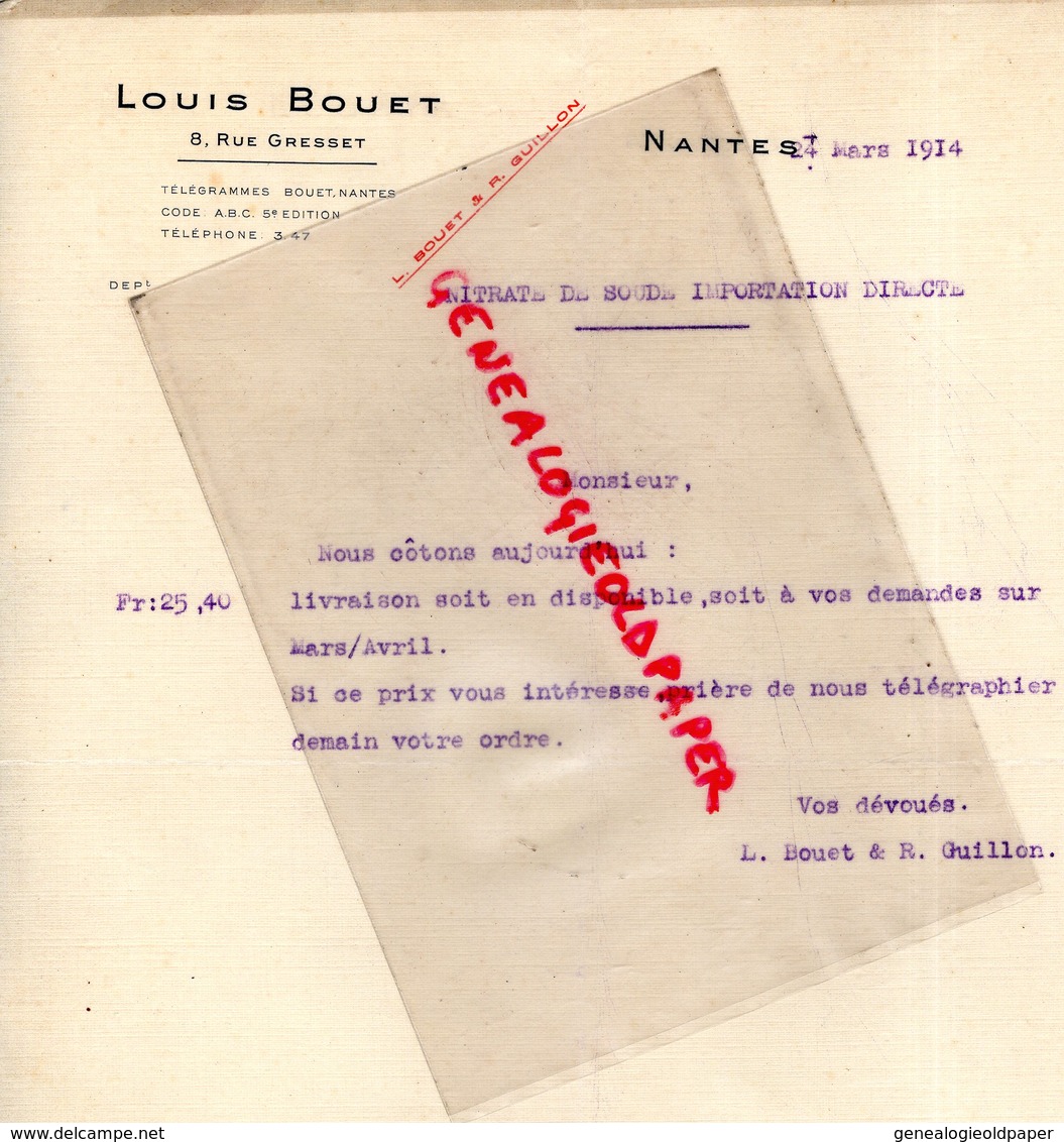 44 - NANTES- RARE FACTURE LOUIS BOUET & R. GUILLON-8 RUE GRESSET- NITRATE DE SOUDE-AGRICULTURE- 1914 - Agriculture