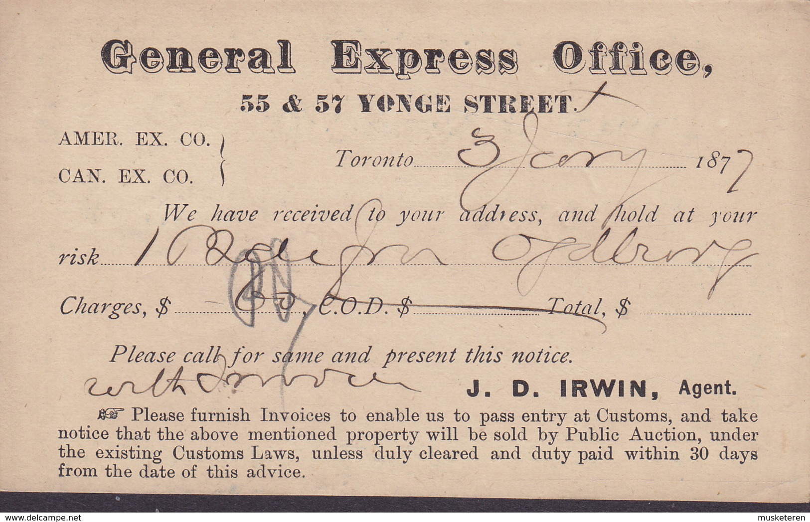 Canada Postal Stationery Ganzsache 1c. Victoria PRIVATE Print GENERAL EXPRESS OFFICE Agent J. D. Irwin TORONTO 1877 - 1860-1899 Victoria