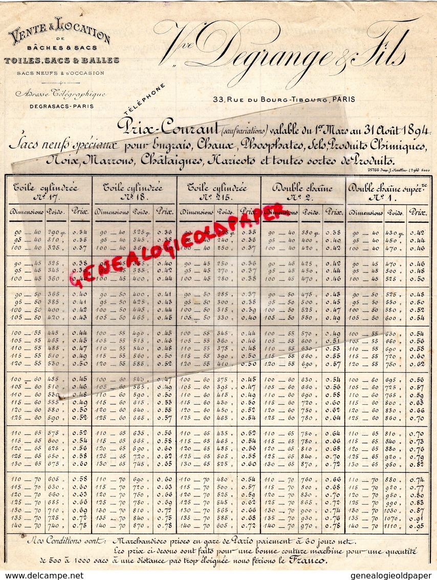 75- PARIS- RARE CATALOGUE PRIX COURANT VVE DEGRANGE FILS- 1894- VENTE LOCATION BACHES SACS-33 RUE BOURG TIBOURG - 1800 – 1899