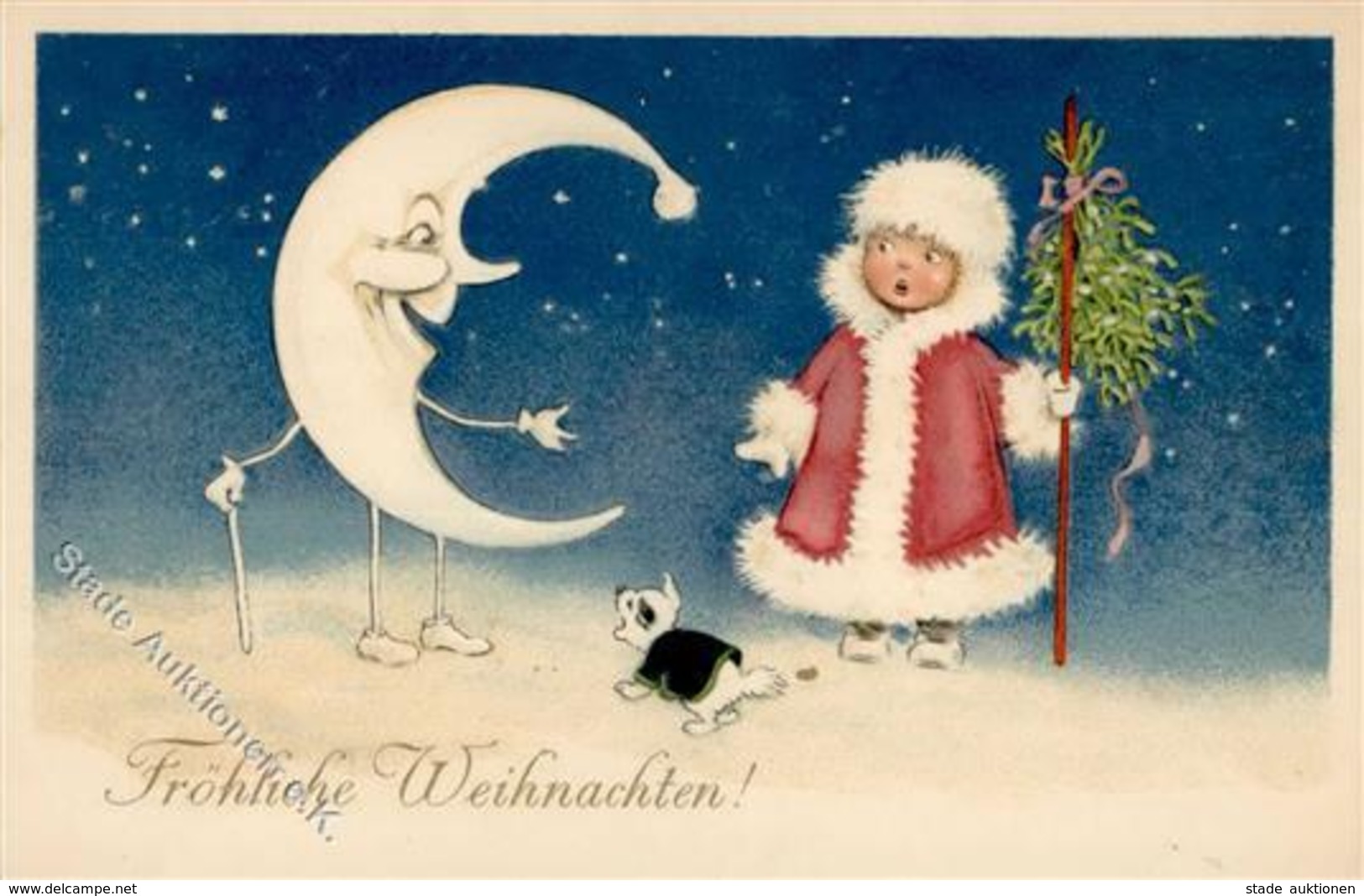 Weihnachten Monds Personifiziert Hund Kind  Künstlerkarte I-II Noel Chien - Other & Unclassified