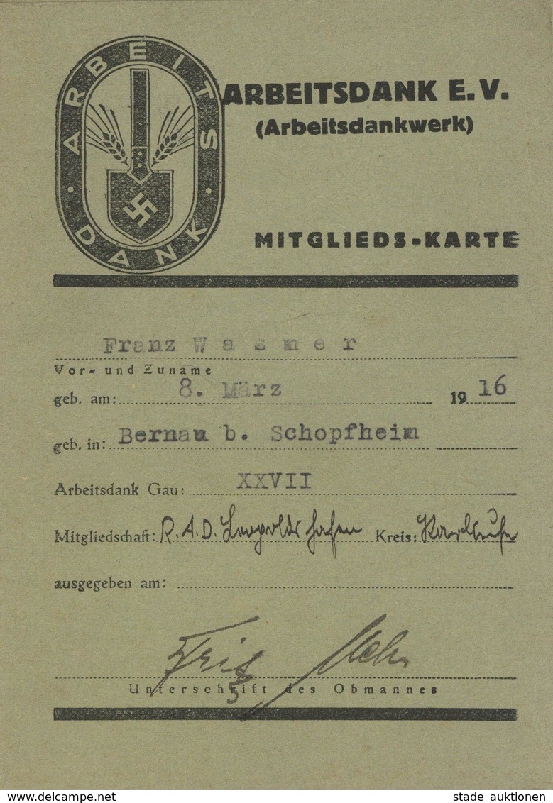 WK II Dokumente Arbeitsdank E. V. Mitglieds Karte I-II - War 1939-45