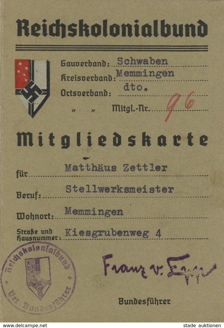 WK II Dokumente Reichskolonialbund Midgliedskarte I-II - War 1939-45