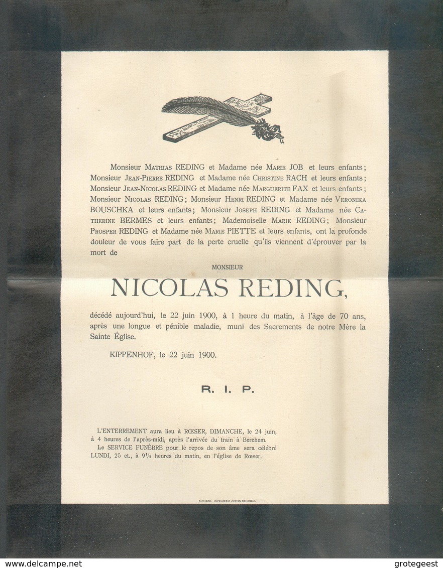 2c. ADOLPHE Obl. Dc DIEKIRCH Sur Faire-part De Deuil (NICOLAS REDING) Le 22-6-1900 Vers Bitrange (ex-KIPPENHOF). - 13491 - 1895 Adolfo De Perfíl
