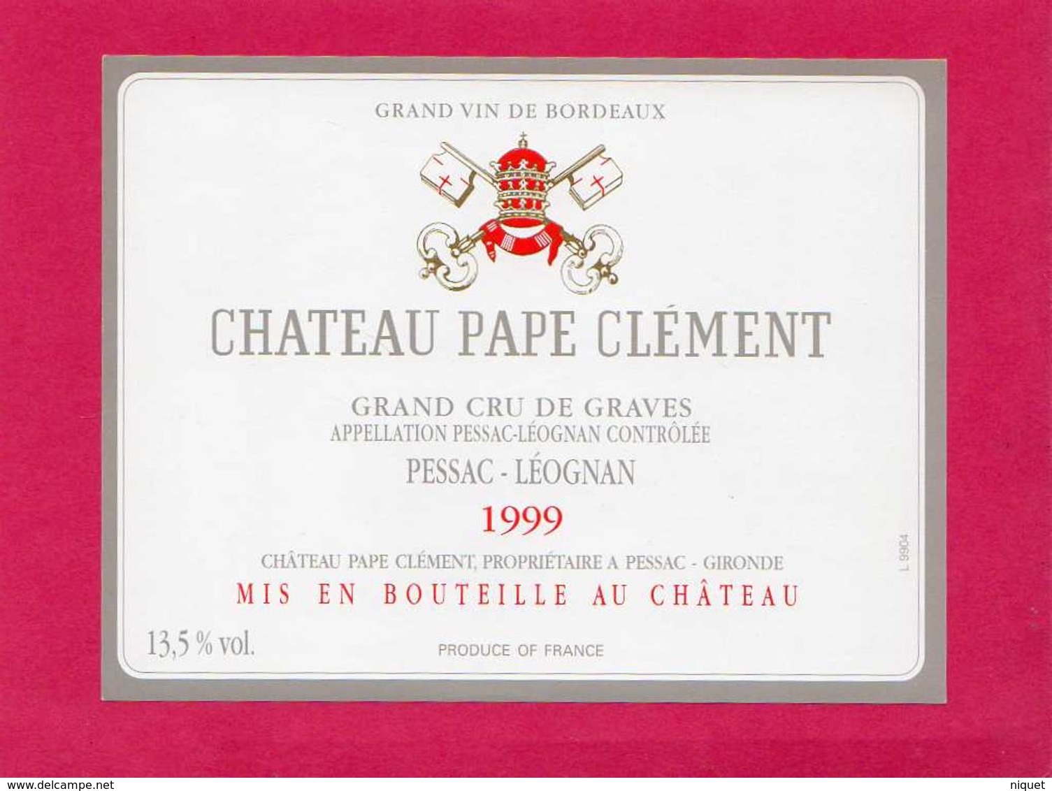 Etiquette Vin, Château Pape Clément, Grand Cru De Graves, Pessac-Léognan, 1999 - Lots & Sammlungen