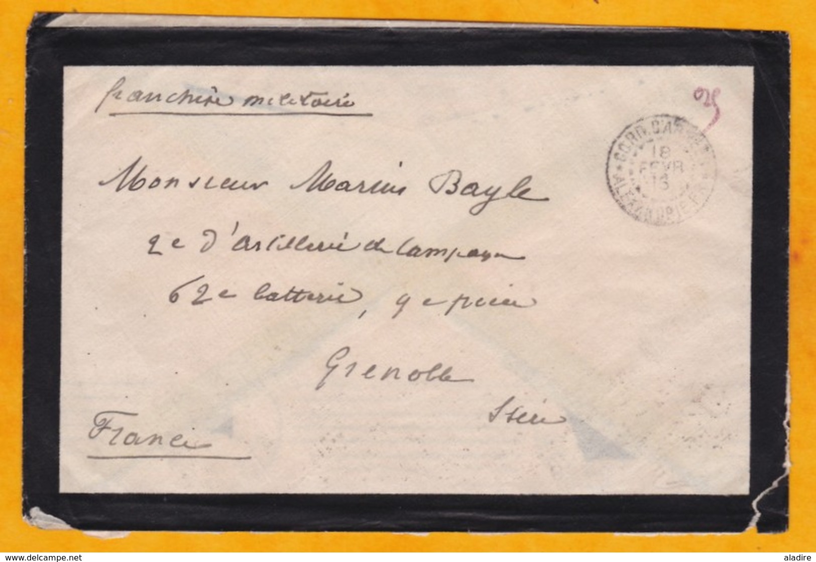 1916 - CORR. D'ARMEE - Alexandrie - Lettre En Franchise Militaire Vers Grenoble, France -  Cad Arrivée - Lettres & Documents