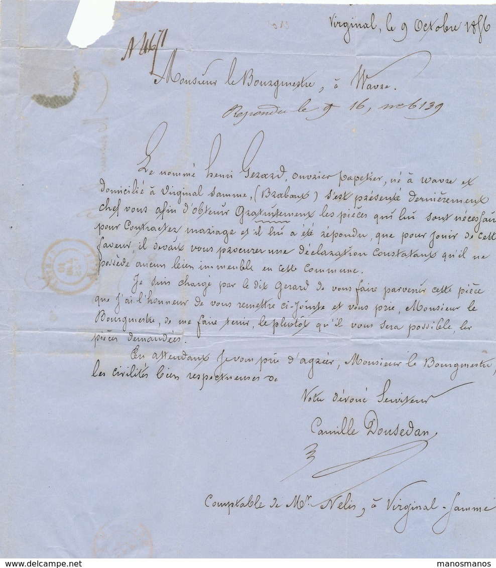 127/28 - Lettre TP Médaillon 10 C Barres 121 De TUBIZE 1856 - Boite Rurale V En Rouge De VIRGINAL - Poste Rurale