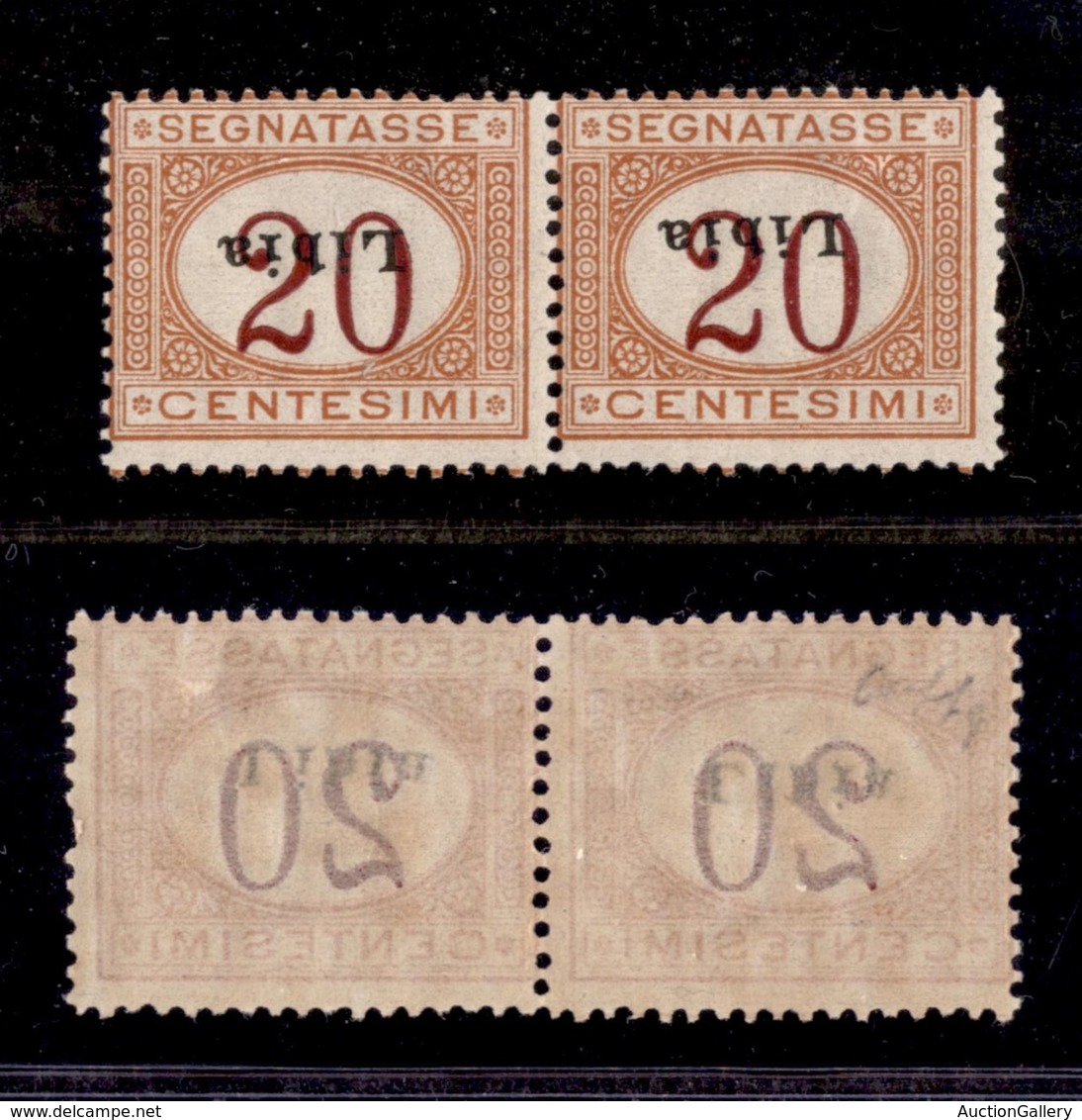 COLONIE ITALIANE - LIBIA - 1915 - Segnatasse - 20 Cent (3c) - Coppia Orizzontale Con Soprastampe Capovolte E Oblique - G - Autres & Non Classés