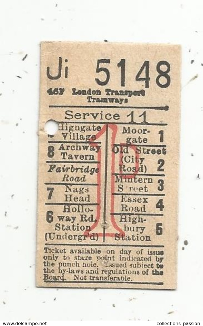 Ticket De Transport, London Transport TRAMWAYS , Service 11 , 1D , 2 Scans - Europe