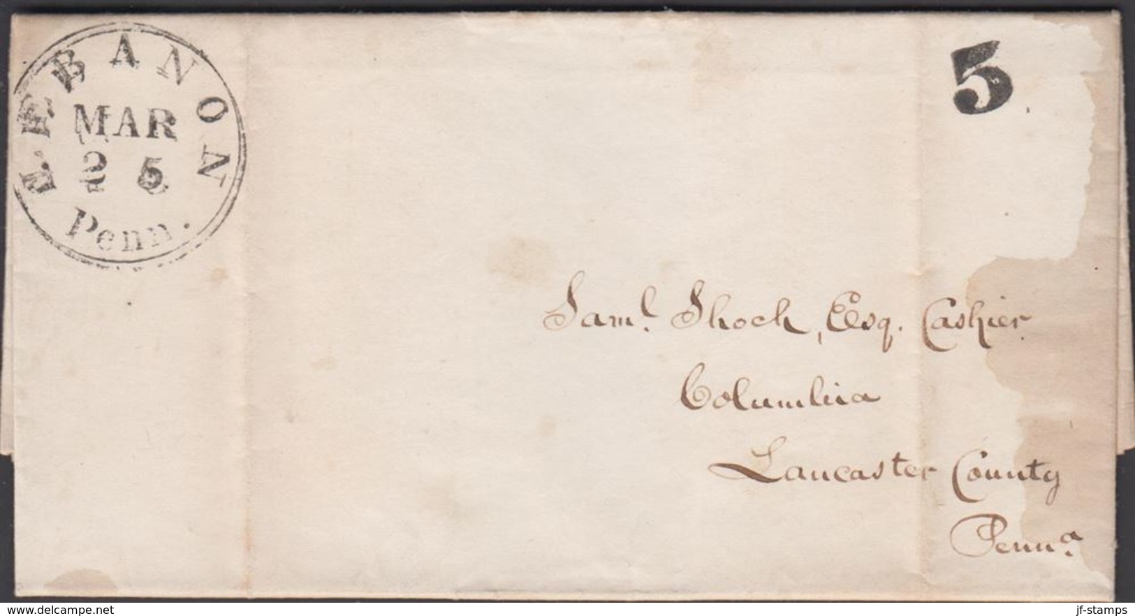 1846. 5 + LEBANON MAR 25 Penn. Dated Lebanon BankMarch 24, 1846.  () - JF301295 - …-1845 Prephilately