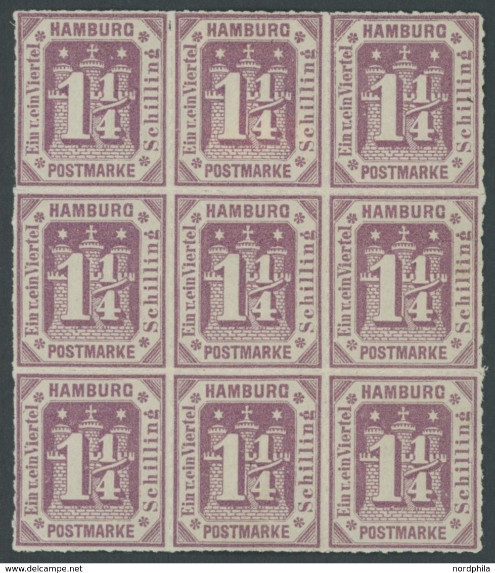 HAMBURG 20b **,* , 1866, 11/4 S. Graupurpur Im Neunerblock, 2 Werte Falzreste, 5 Marken Postfrisch, Ein Wert Eckbug Sons - Hamburg