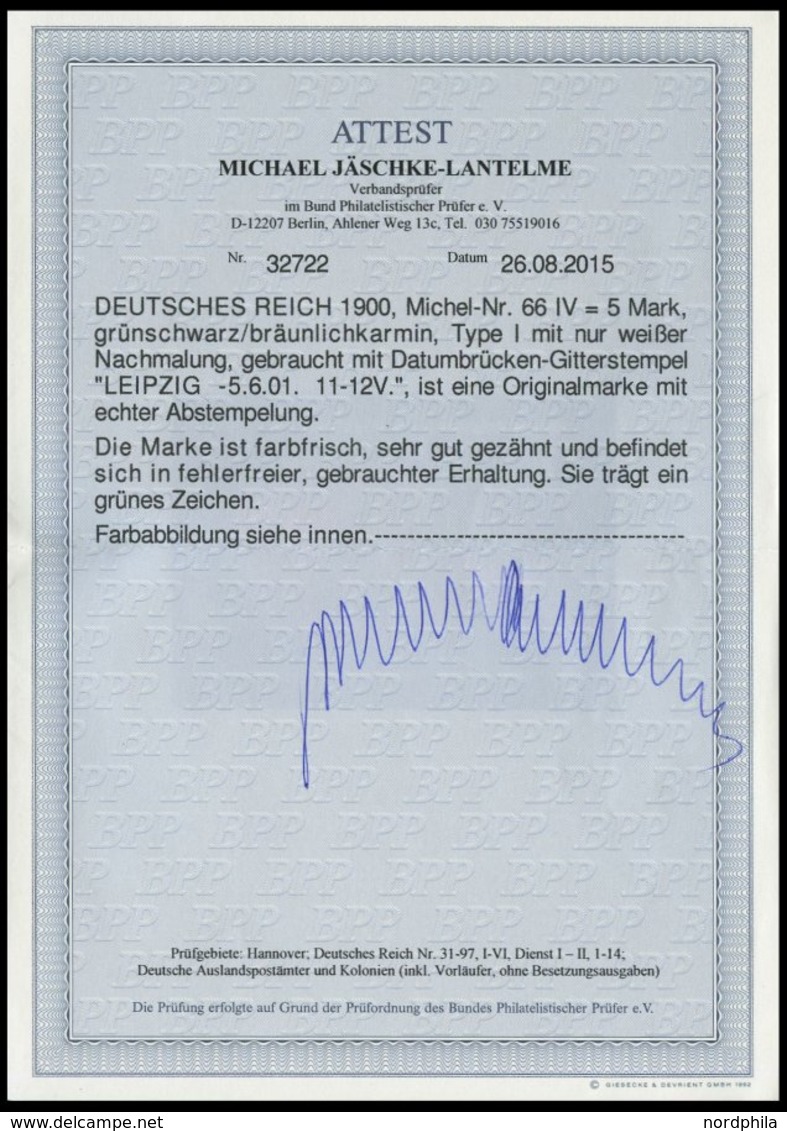 Dt. Reich 66IV O, 1900, 5 M. Reichspost, Type I, Nachmalung Nur Mit Deckweiß, Pracht, Fotoattest Jäschke-L., Mi. 800.- - Other & Unclassified