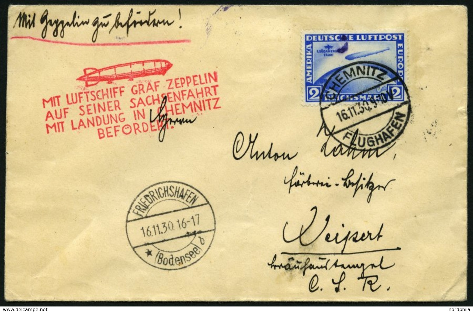 ZEPPELINPOST 100Ba BRIEF, 1930, Sachsenfahrt, Chemnitz-Fr`hafen, Auflieferung Chemnitz, Frankiert Mit 2 RM Südamerikafah - Airmail & Zeppelin