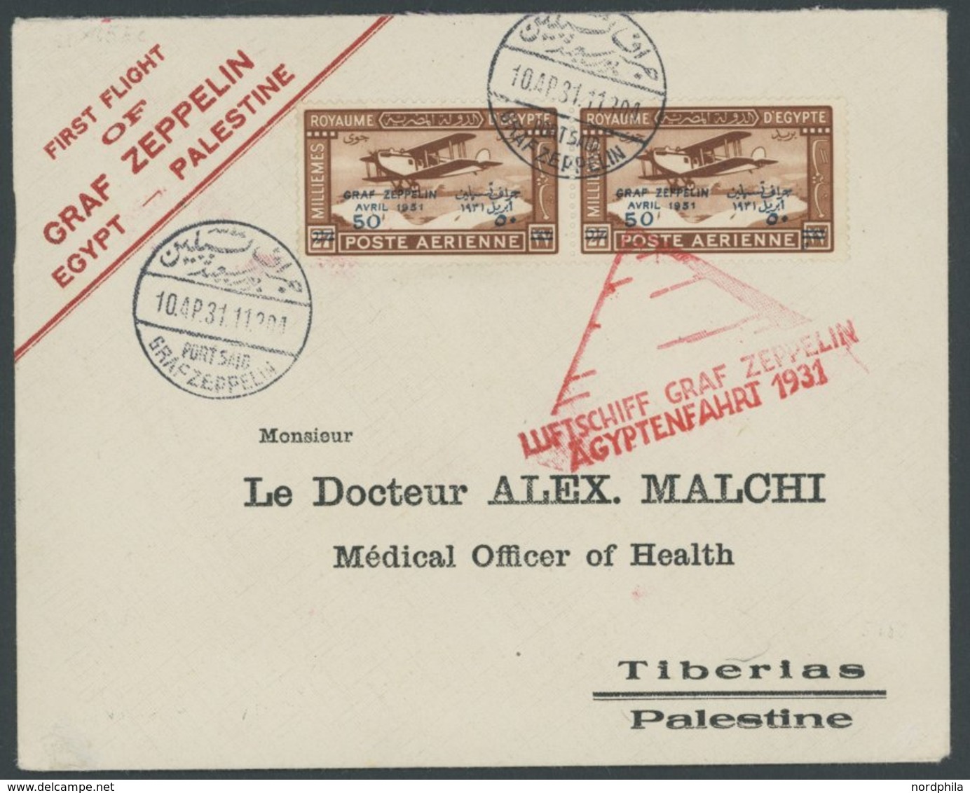 ZEPPELINPOST 105Ec BRIEF, 1931, Ägyptenfahrt, ägyptische Post, Palästina-Rundfahrt, Sonderstempel Port Said, Prachtbrief - Poste Aérienne & Zeppelin