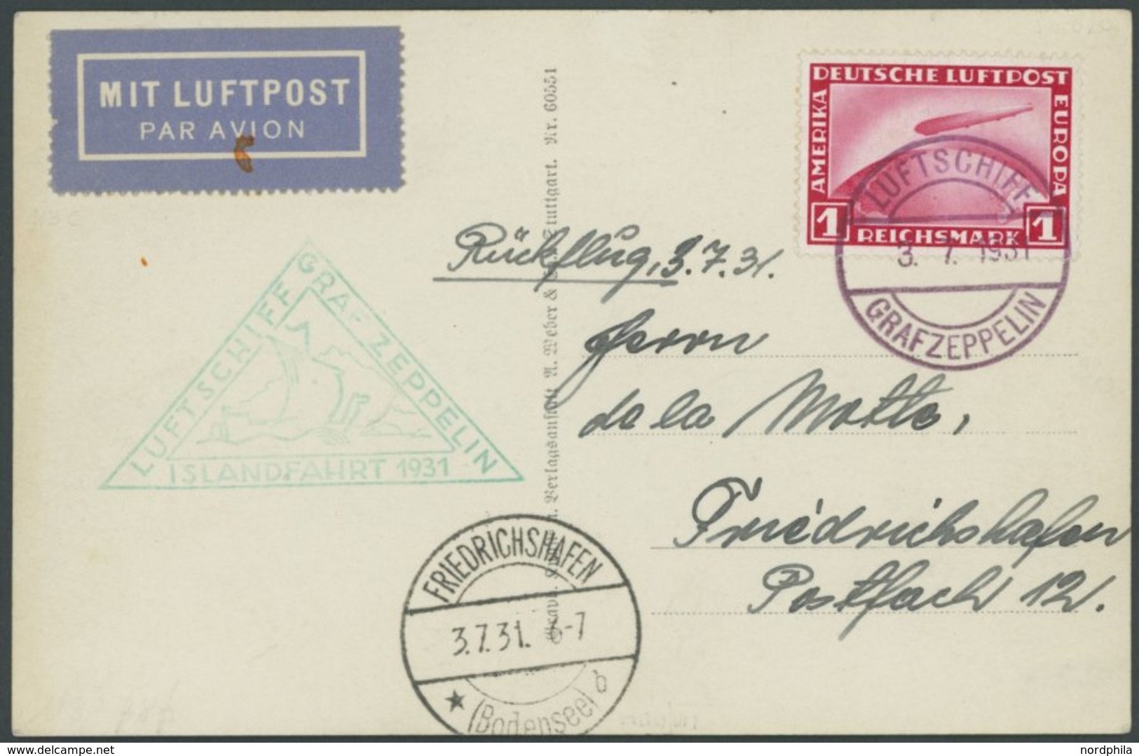 ZEPPELINPOST 113C BRIEF, 1931, Islandfahrt, Bordpost Der Rückfahrt, Ankunftsstempel Friedrichshafen, Prachtkarte - Poste Aérienne & Zeppelin