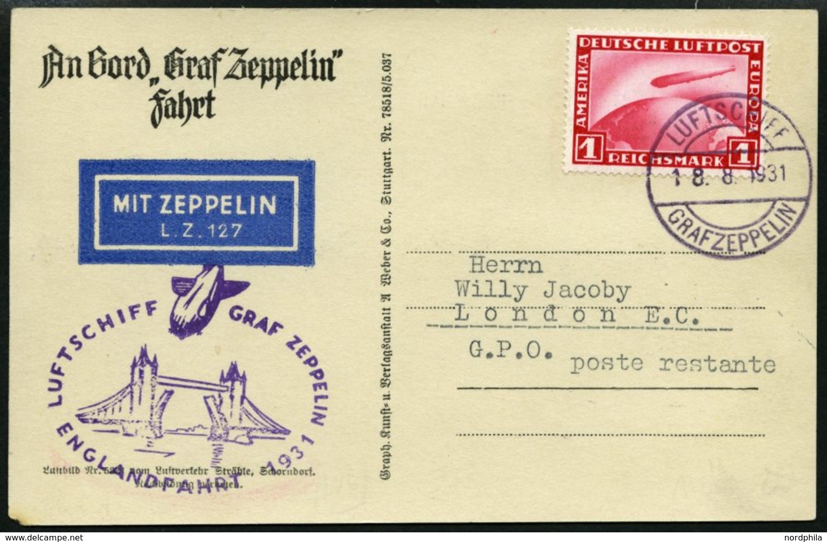 ZEPPELINPOST 122Ab BRIEF, 1931, Englandfahrt, Bordpost, Frankiert Mit 1 RM, Prachtkarte - Poste Aérienne & Zeppelin