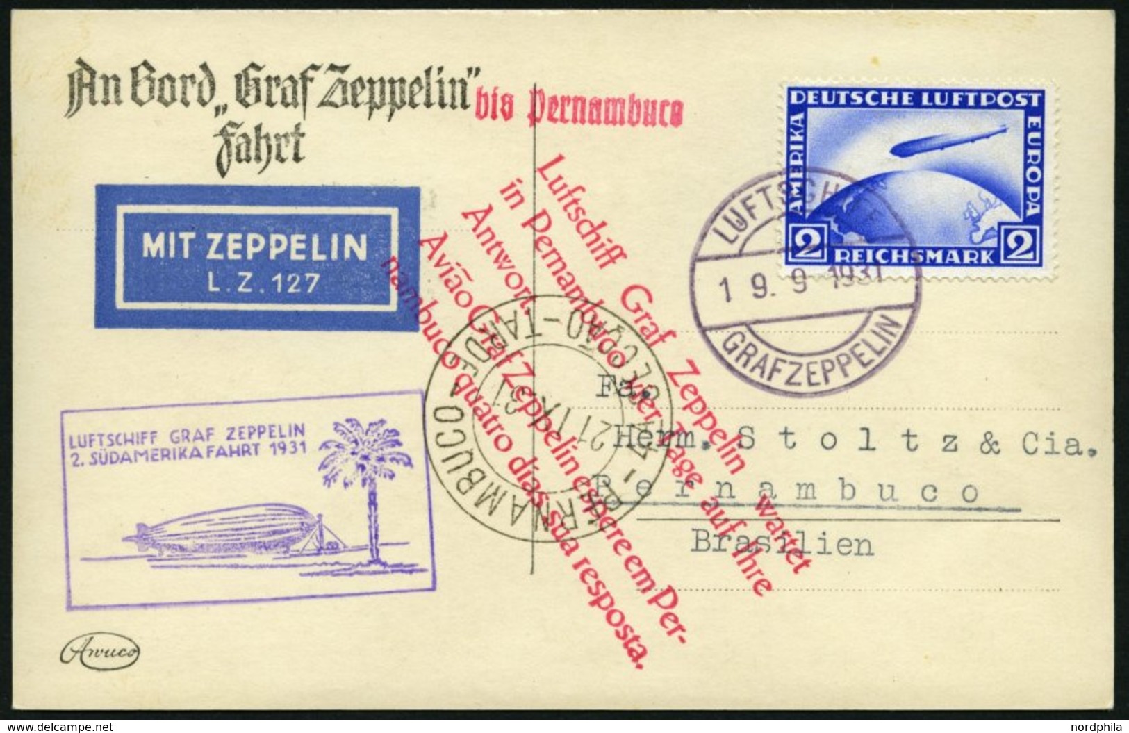 ZEPPELINPOST 129Bb BRIEF, 1931, 2. Südamerikafahrt, Bordpost Bis Brasilien, Prachtkarte - Poste Aérienne & Zeppelin