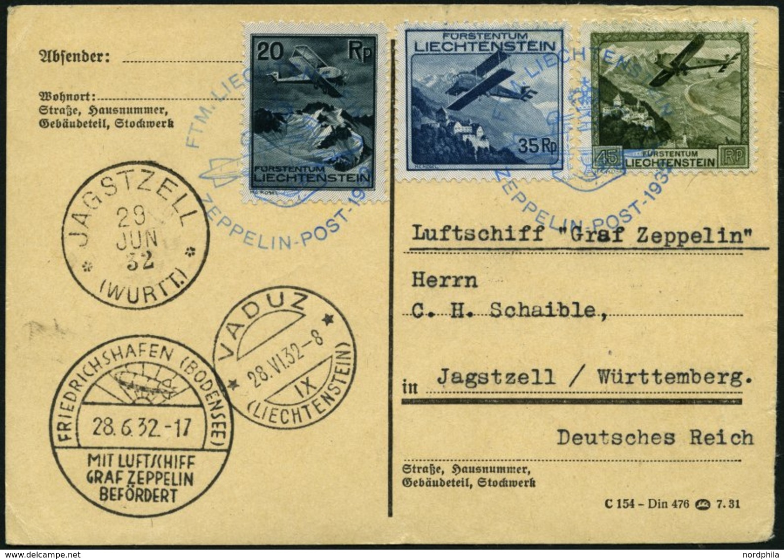 ZEPPELINPOST 167II BRIEF, 1932, Schweizfahrt, Auflieferung Vaduz, Rückseitig Mit Violettem Nebenstempel Während Der Post - Poste Aérienne & Zeppelin