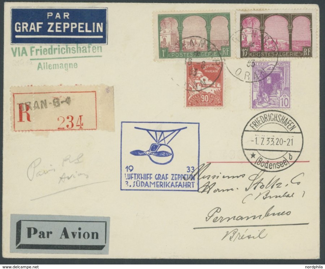 ZULEITUNGSPOST 217Aa BRIEF, Algerien: 1933, Südamerikafahrt, Einschreiben, Prachtbrief - Zeppelins