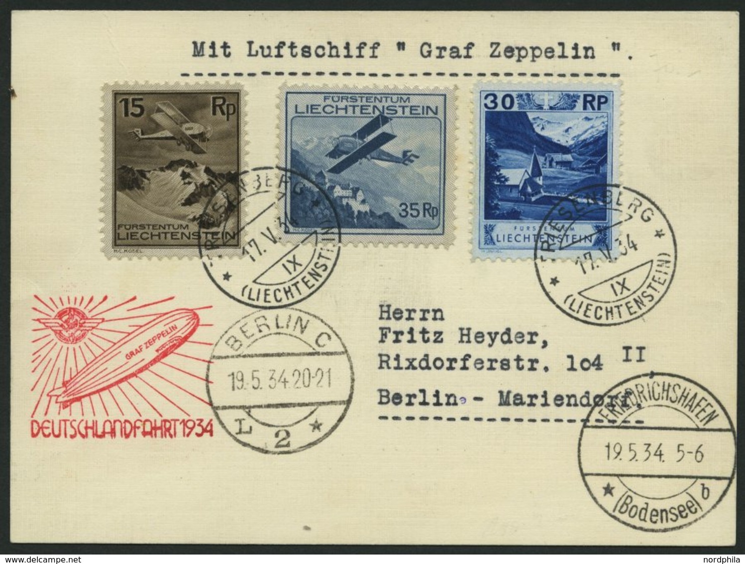 ZULEITUNGSPOST 246Aa BRIEF, Liechtenstein: 1934, Deutschlandfahrt, Bis Berlin, Prachtkarte - Zeppelines